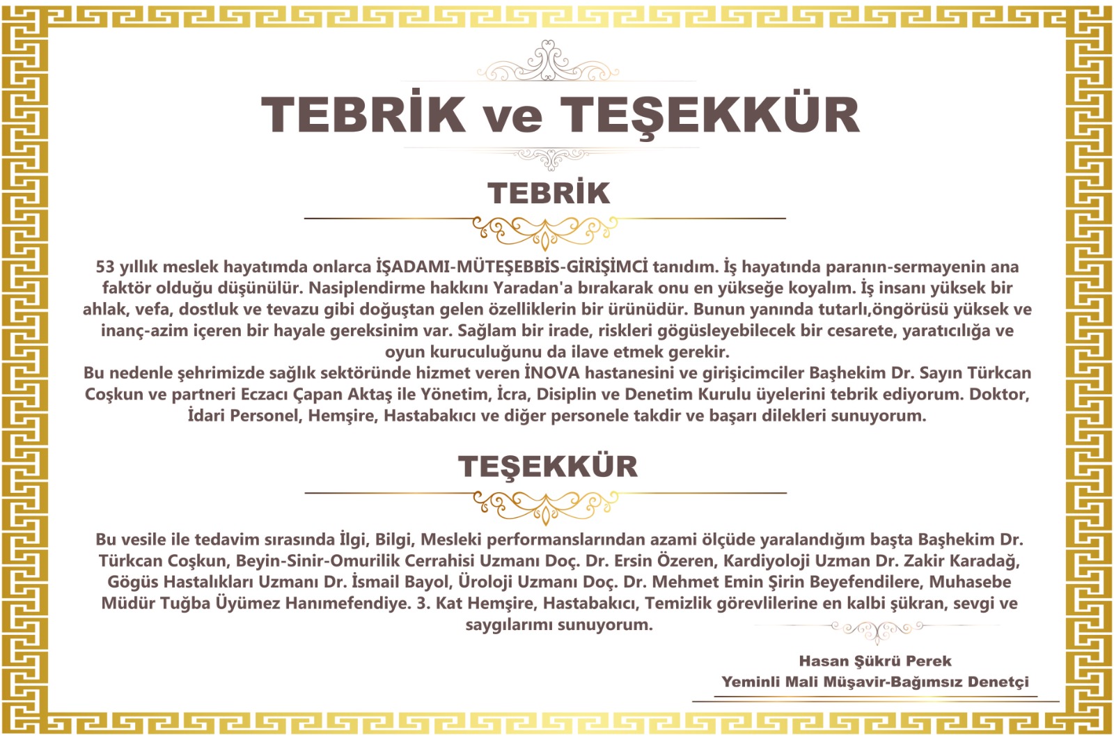 Tebrik ve Teşekkür